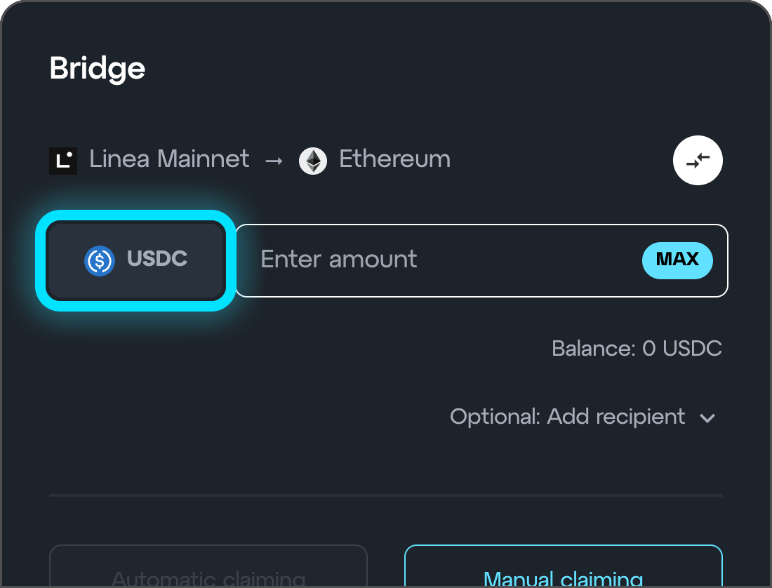 Linea bridge selected token